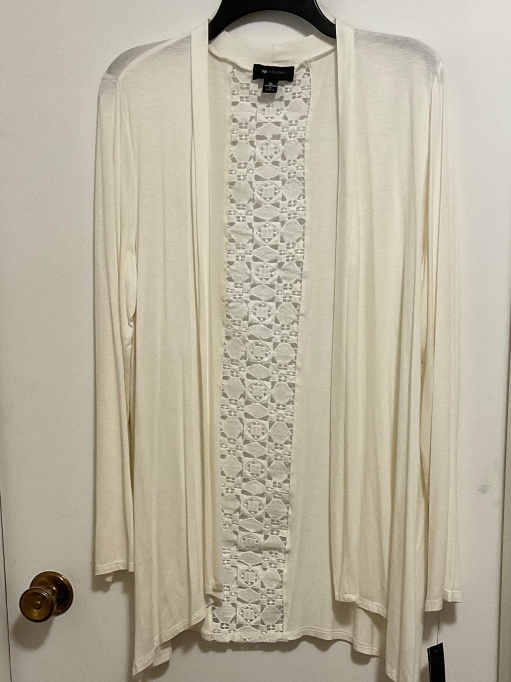 AB Studio Cream Open-Front Duster with cutout design down middle of back
